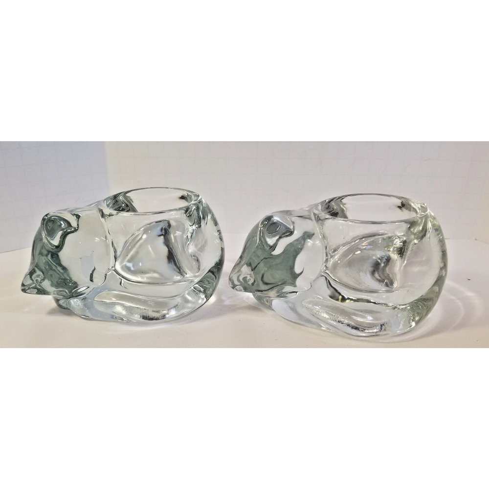 Indiana Glass Sleeping Kitten Cat Clear Votive Candle Tea Light Holders Pair